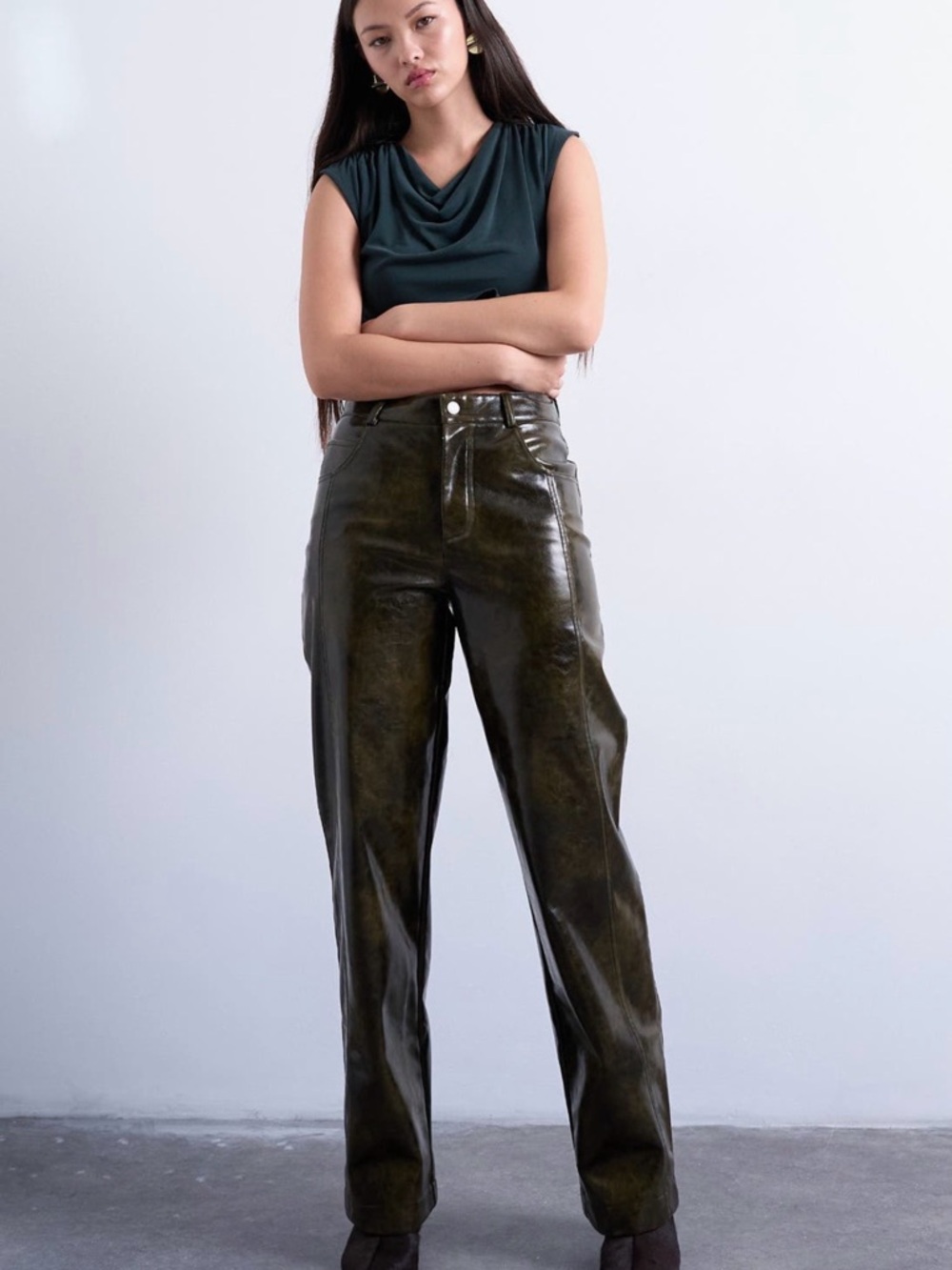 Topshop Olive Green High-Waist Faux Leather Pants